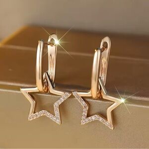 Simple Elegant Gold Pave Crystal Star Small Hoop Minimalist Earrings